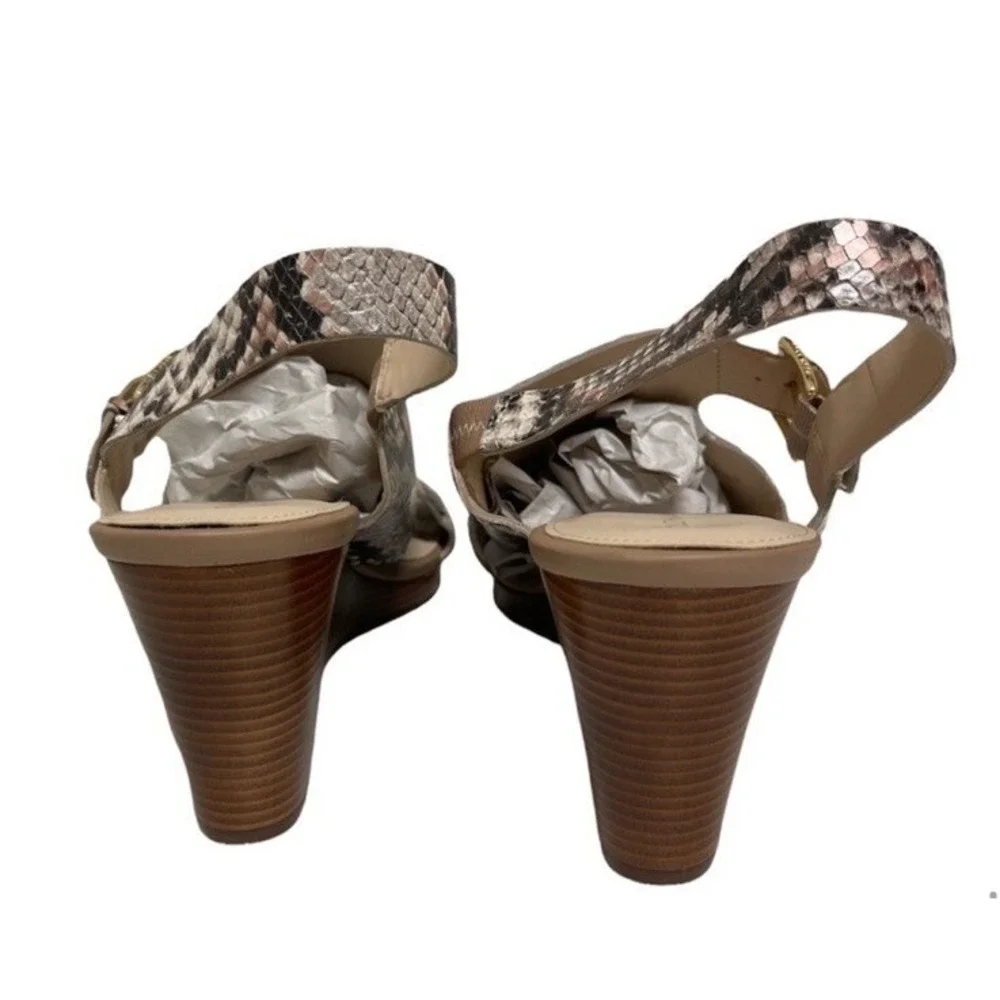 Cole Haan Grand Ambition Wedge Sandals Womens 10 Snakeskin Slingback Beige